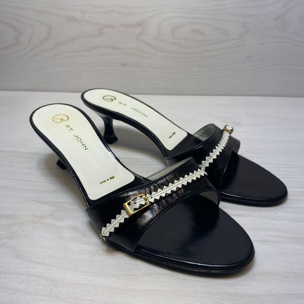 St. John Kitten Heel Sandals Women’s Size 7.5 Black White Leather Slide Strap